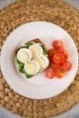 Top view on white plate with egg sandwich serverd with spinach and organic cherry tomatoes. Healthy snack or breakfast Royalty Free Stock Photo