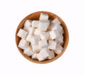 Top view of white pure sugar cubes in wooden bowl isolated on white background Royalty Free Stock Photo