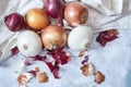 Top view of white and purple onions and onion peelings on a white kitchen towel