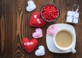 White ring box with silver bow mug of coffee and candy Royalty Free Stock Photo