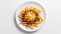 Top View, White Round Plate With Chili Cheese Fries. Generative AI