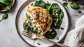 Top View, White Round Plate With Keto Spinach And Feta Stuffed Chicken. Generative AI