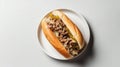 Top View, White Round Plate With Philly Cheesesteak. Generative AI Royalty Free Stock Photo