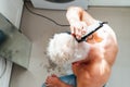 Top view white, silver hair man doing self haircut with a clipper and looks in the mirror. male self-care at home with Royalty Free Stock Photo