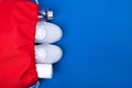 Top view of white sport shoes sneakers, reusable glass water bottle and towel in red sport bag on blue background.