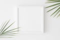 Top view of a white square frame mockup with palm leaf decoration