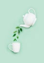 white teapot pouring tea leaves into a white cup on a light green background Royalty Free Stock Photo