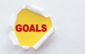 Top view of white torn paper and the text GOALS on a yellow background Royalty Free Stock Photo