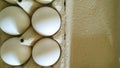 Top view of White whole chicken eggs in a grey natural pappier mashier package with copy space