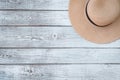 Top view of a white wooden straw hat background with copy space. Royalty Free Stock Photo