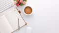 Top view white wooden workspace office desk with computer and office supplies. Flat lay work table with blank notebook, keyboard, Royalty Free Stock Photo