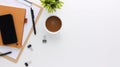 Top view white wooden workspace office desk with computer and office supplies. Flat lay work table with blank notebook, keyboard, Royalty Free Stock Photo