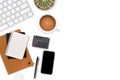 Top view white wooden workspace office desk with computer and office supplies. Flat lay work table with notebook, keyboard, cactus Royalty Free Stock Photo