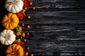 Top view of white and yellow ghost pumpkins with Colorful Autumn leaves