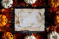 Top view of white and yellow ghost pumpkins with Colorful Autumn leaves