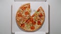 TOP VIEW: Whole Big Pizza Without one Piece in The White Box