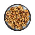 Overhead view of a whole grains granola with fruit and nuts on a blue plate isolated on a white background