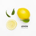 Top view of a whole lemon, a slice, and leaves isolated on a white background Royalty Free Stock Photo