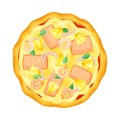 Top view of whole pizza with salmon, shrimp, pineapple and onion. Tasty Italian fast food vector illustration Royalty Free Stock Photo