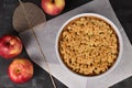 Top view of whole traditional European apple pie with topping crumbles in white springform pan