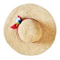 Top view of wide brim straw hat isolated on white