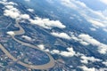 Top View from window airplane, crops field, road, street, river Royalty Free Stock Photo