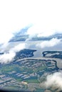 Top View from window airplane, crops field, road, street, river Royalty Free Stock Photo