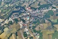 Top View from window airplane, crops field, road, street, river Royalty Free Stock Photo