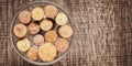 Top view wine corks in a glass goblet. Royalty Free Stock Photo