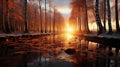 Top View of Winter Forest With Floating Frozen River at Sunset Background