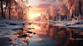 Top View of Winter Forest With Floating Frozen River at Sunset Background