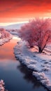Top View of Winter Forest With Floating Frozen River at Sunset Background