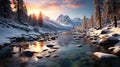 Top View of Winter Forest With Floating Frozen River at Sunset Background