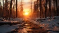 Top View of Winter Forest With Floating Frozen River at Sunset Background