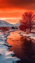 Top View of Winter Forest With Floating Frozen River at Sunset Background