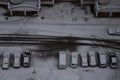 Top view of winter parking with various vehicles under snow Royalty Free Stock Photo