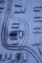 Top view of winter parking with various vehicles under snow Royalty Free Stock Photo