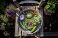 Top view of a wire bowl full of just-harvested summer vegetables Royalty Free Stock Photo