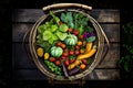 Top view of a wire bowl full of just-harvested summer vegetables Royalty Free Stock Photo