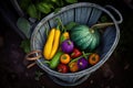 Top view of a wire bowl full of just-harvested summer vegetables Royalty Free Stock Photo