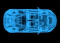 Top view of a wireframe blue car on a black background Royalty Free Stock Photo