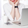 Top view of woman hand holding smart watch. Royalty Free Stock Photo