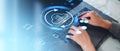 Woman hands typing on laptop, cloud service hologram and devices sync