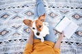 top view of woman having fun with jack russell dog in park, sitting on blanket during autumn season. Woman reading a book while Royalty Free Stock Photo