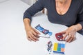 Top view of woman preparing device for measuring blood sugar Royalty Free Stock Photo