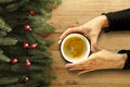 Top view of woman`s hands holding hot drink. Free space for your decoration. Cup of hot chocolate or coffee. Royalty Free Stock Photo