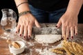 Top view of woman`s hands kneading with rolling pin, on wooden table with flour, jug of water, salt and wheat, Royalty Free Stock Photo