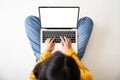 Top view of woman sitting on floor and using laptop blank screen white background Royalty Free Stock Photo