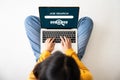 Top view of woman sitting on floor and using laptop job search Royalty Free Stock Photo