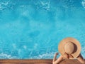 Top view of woman in straw hat relaxing in swimming pool at luxury villa resort. Summer holiday idyllic background. Vacations Con Royalty Free Stock Photo